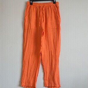 100% Linen Casual Comfortable Orange Pants Sz M Elastic Drawstring Waist Pockets